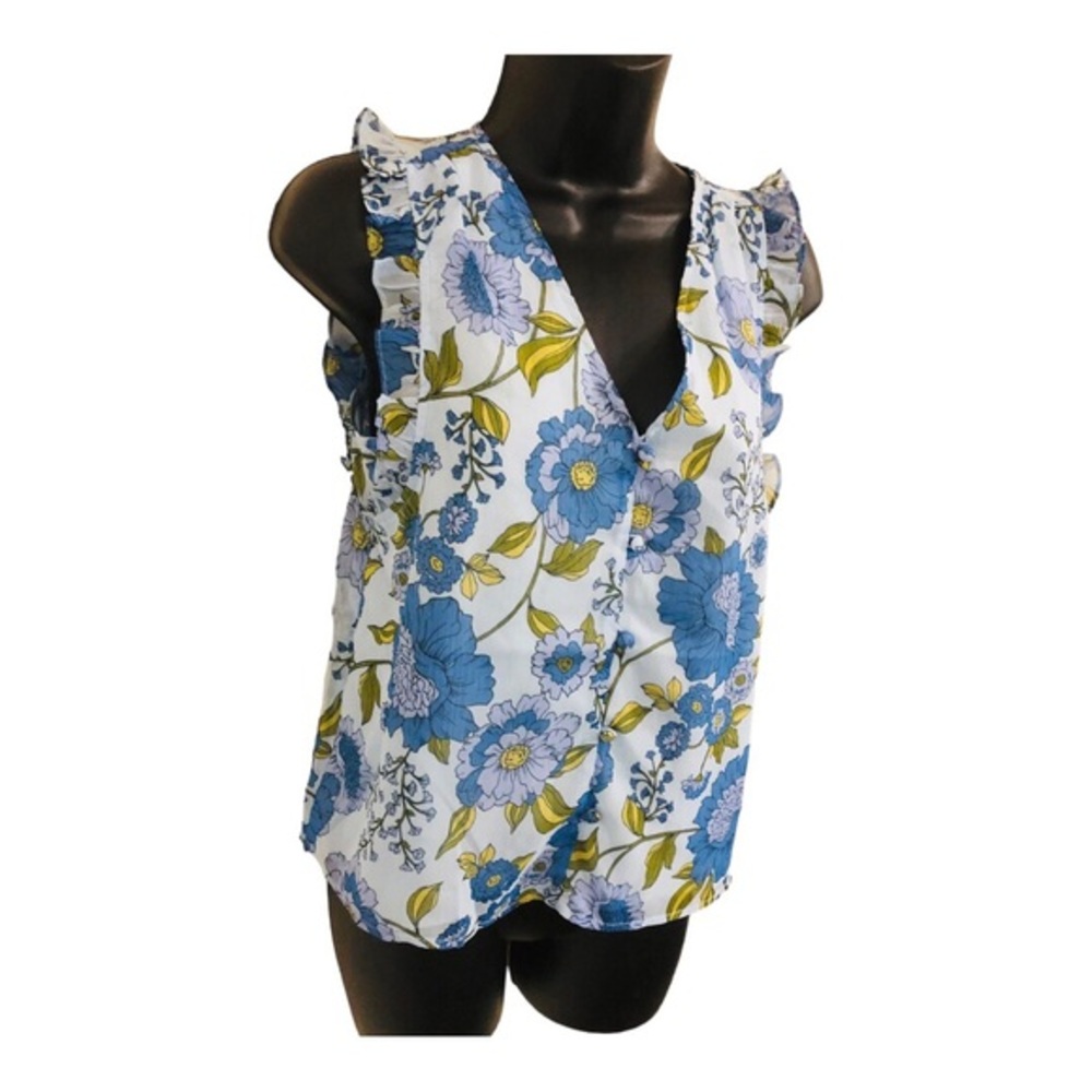 Steve Madden vintage blue floral v-neck ruffle chiffon look blouse size small